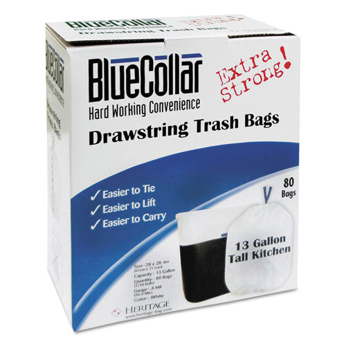 Image of BlueCollar Drawstring Trash Bags, Drawstring, 13 gal, 24" x 28", White, 80 Bags/Box, 6 Boxes/Carton