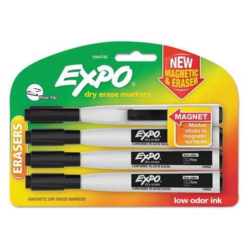 Image of EXPO® Magnetic Dry Erase Marker, Fine Bullet Tip, Black, 4/pack