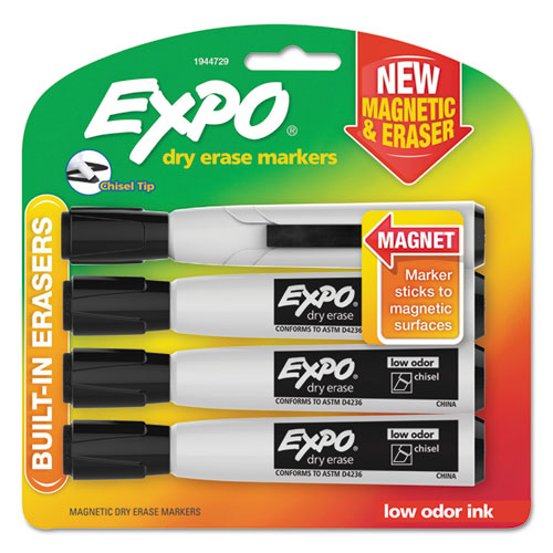 Image of EXPO® Magnetic Dry Erase Marker, Broad Chisel Tip, Black, 4/pack