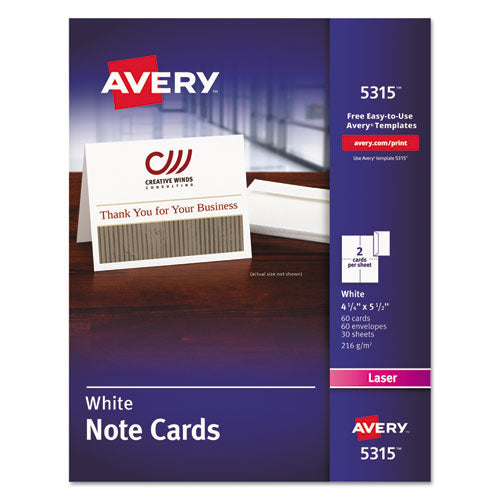 Image of Avery® Note Cards with Matching Envelopes, Laser, 80 lb, 4.25 x 5.5, Uncoated White, 60 Cards, 2 Cards/Sheet, 30 Sheets/Pack