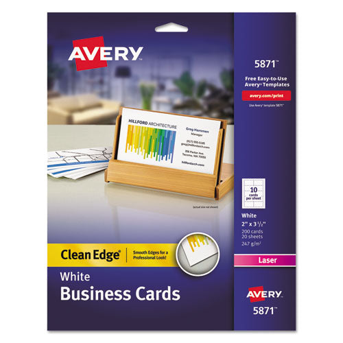 Image of Avery® Clean Edge Business Cards, Laser, 2 X 3.5, White, 200 Cards, 10 Cards/sheet, 20 Sheets/pack