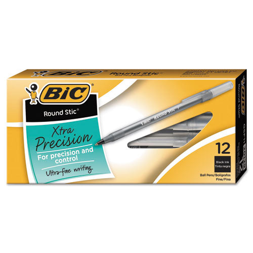 Image of BIC® Round Stic Xtra Precision Ballpoint Pen, Stick, Fine 0.8 Mm, Black Ink, Smoke Barrel, Dozen