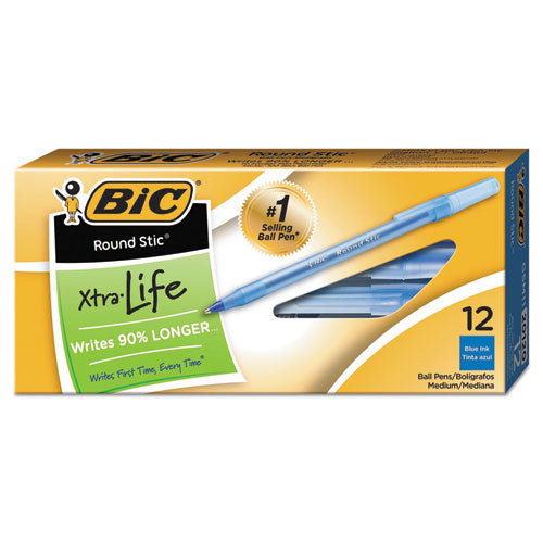 Image of BIC® Round Stic Xtra Life Ballpoint Pen, Stick, Medium 1 Mm, Blue Ink, Translucent Blue Barrel, Dozen