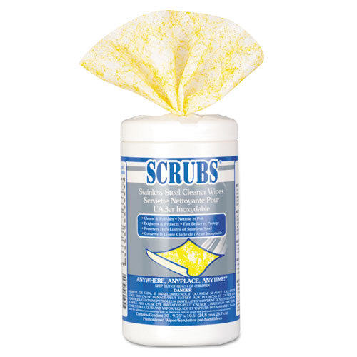 Image of SCRUBS® Stainless Steel Cleaner Towels, 1-Ply, 9.75 x 10.5, Lemon Scent, 30/Canister, 6 Canisters/Carton