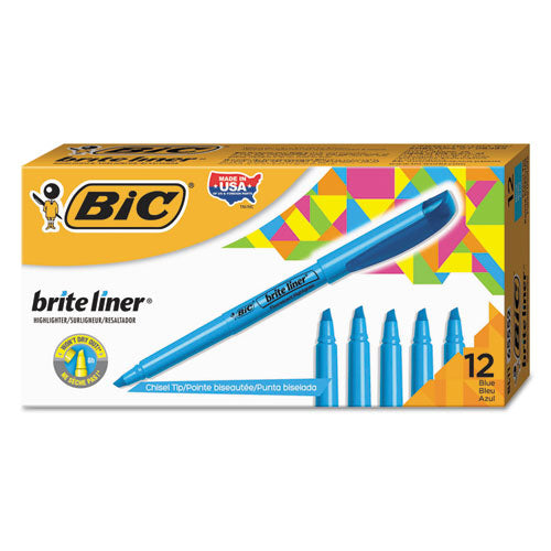 Image of BIC® Brite Liner Highlighter, Fluorescent Blue Ink, Chisel Tip, Blue/black Barrel, Dozen