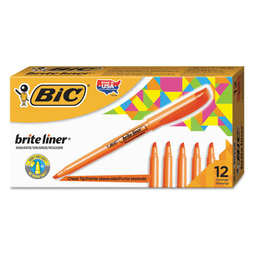 Image of BIC® Brite Liner Highlighter, Fluorescent Orange Ink, Chisel Tip, Orange/black Barrel, Dozen