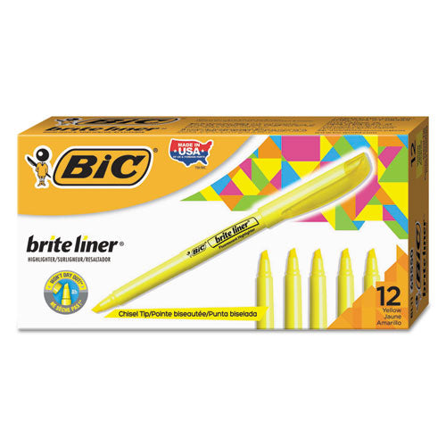 Image of BIC® Brite Liner Highlighter, Fluorescent Yellow Ink, Chisel Tip, Yellow/black Barrel, Dozen