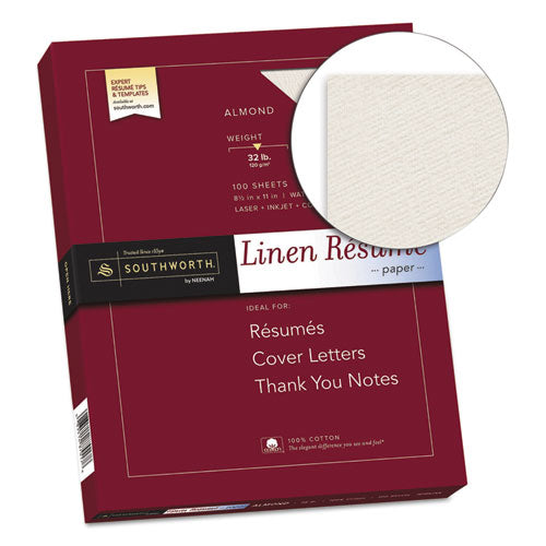 Image of Southworth® 100% Cotton Premium Weight Linen Resume Paper, 32 lb Bond Weight, 8.5 x 11, Almond, 100/Pack