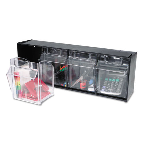 Image of deflecto® Tilt Bin Interlocking Multi-Bin Storage Organizer, 4 Sections, 23.63" X 6.63" X 8.13", Black/clear