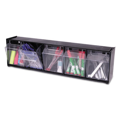 Image of deflecto® Tilt Bin Interlocking Multi-Bin Storage Organizer, 5 Sections, 23.63" X 5.25" X 6.5", Black/clear