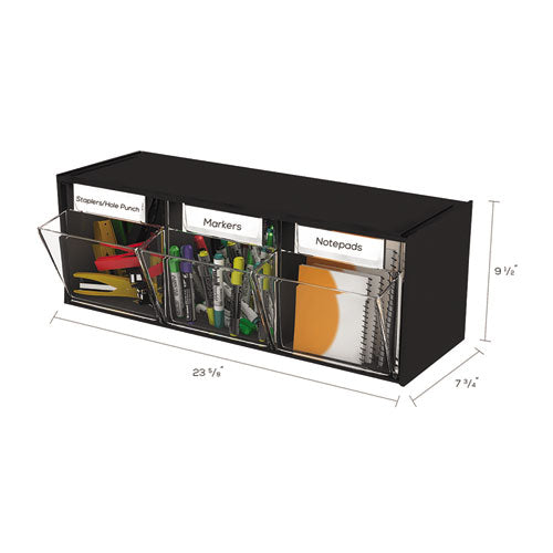 Image of deflecto® Tilt Bin Interlocking Multi-Bin Storage Organizer, 3 Sections, 23.63" X 7.75" X 9.5", Black/clear