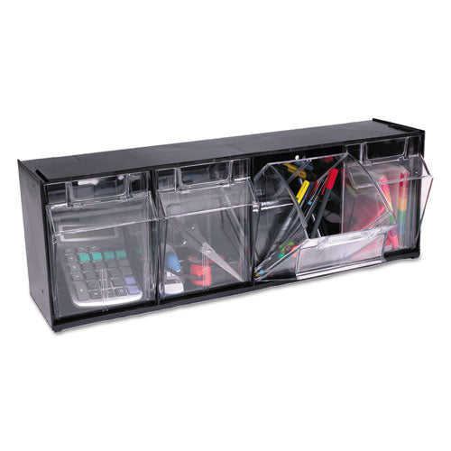 Image of deflecto® Tilt Bin Interlocking Multi-Bin Storage Organizer, 4 Sections, 23.63" X 6.63" X 8.13", Black/clear