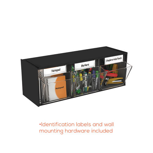 Image of deflecto® Tilt Bin Interlocking Multi-Bin Storage Organizer, 3 Sections, 23.63" X 7.75" X 9.5", Black/clear