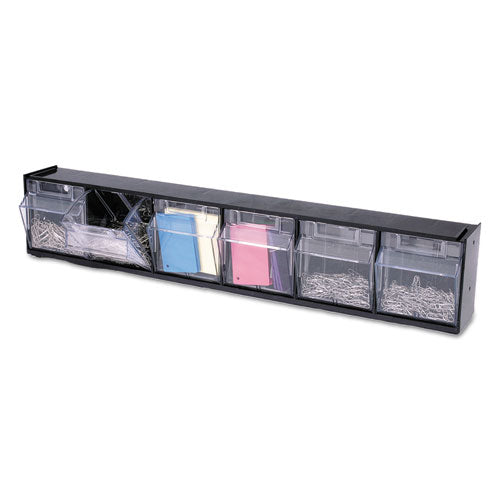 Image of deflecto® Tilt Bin Interlocking Multi-Bin Storage Organizer, 6 Sections, 23.63" X 3.63" X 4.5", Black/clear