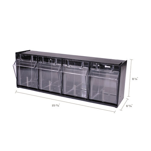 Image of deflecto® Tilt Bin Interlocking Multi-Bin Storage Organizer, 4 Sections, 23.63" X 6.63" X 8.13", Black/clear