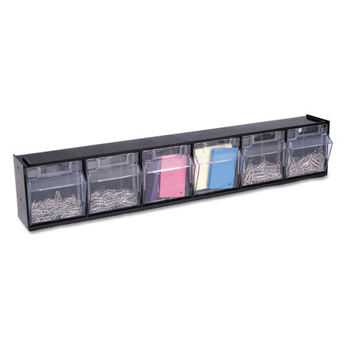 Image of deflecto® Tilt Bin Interlocking Multi-Bin Storage Organizer, 6 Sections, 23.63" X 3.63" X 4.5", Black/clear