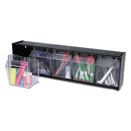 Image of deflecto® Tilt Bin Interlocking Multi-Bin Storage Organizer, 5 Sections, 23.63" X 5.25" X 6.5", Black/clear
