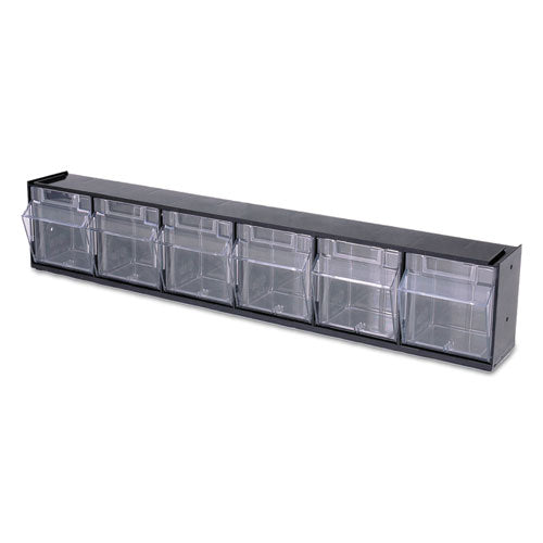 Image of deflecto® Tilt Bin Interlocking Multi-Bin Storage Organizer, 6 Sections, 23.63" X 3.63" X 4.5", Black/clear