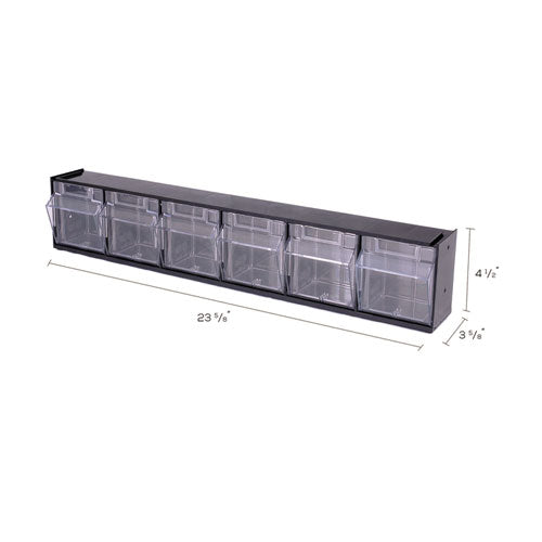 Image of deflecto® Tilt Bin Interlocking Multi-Bin Storage Organizer, 6 Sections, 23.63" X 3.63" X 4.5", Black/clear