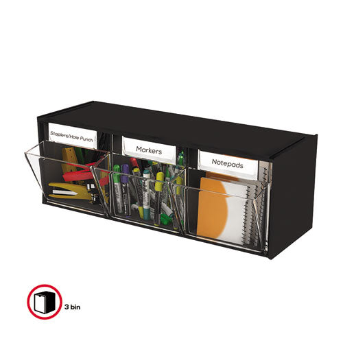 Image of deflecto® Tilt Bin Interlocking Multi-Bin Storage Organizer, 3 Sections, 23.63" X 7.75" X 9.5", Black/clear