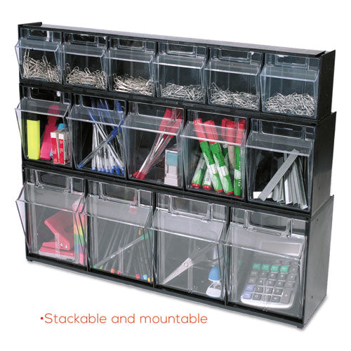 Image of deflecto® Tilt Bin Interlocking Multi-Bin Storage Organizer, 4 Sections, 23.63" X 6.63" X 8.13", Black/clear