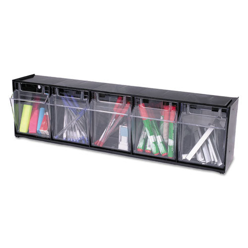 Image of deflecto® Tilt Bin Interlocking Multi-Bin Storage Organizer, 5 Sections, 23.63" X 5.25" X 6.5", Black/clear