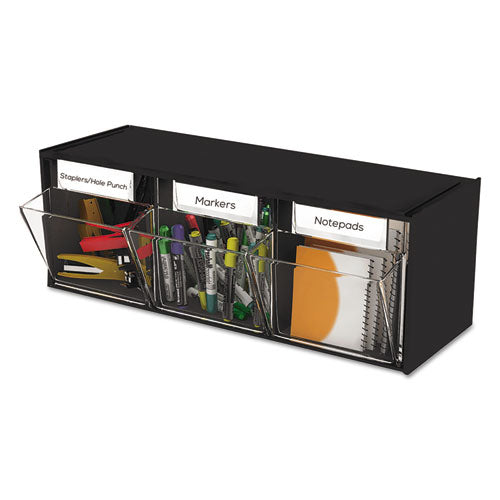 Image of deflecto® Tilt Bin Interlocking Multi-Bin Storage Organizer, 3 Sections, 23.63" X 7.75" X 9.5", Black/clear