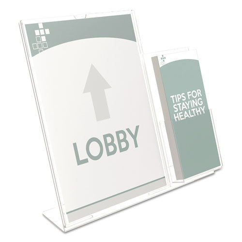 Image of deflecto® Superior Image Slanted Sign Holder With Side Pocket, 13.5w X 4.25d X 10.88h, Clear