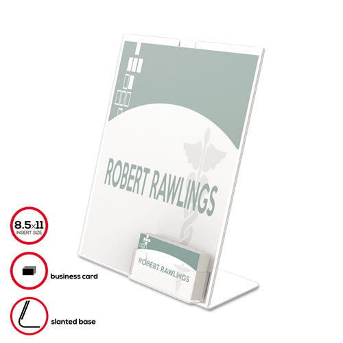 Image of deflecto® Superior Image Slanted Sign Holder with Business Card Holder, 8.5w x 4.5d x 11h, Clear