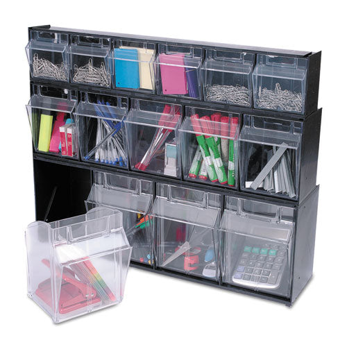 Image of deflecto® Tilt Bin Interlocking Multi-Bin Storage Organizer, 4 Sections, 23.63" X 6.63" X 8.13", Black/clear