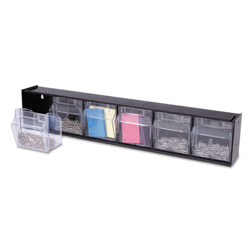 Image of deflecto® Tilt Bin Interlocking Multi-Bin Storage Organizer, 6 Sections, 23.63" X 3.63" X 4.5", Black/clear