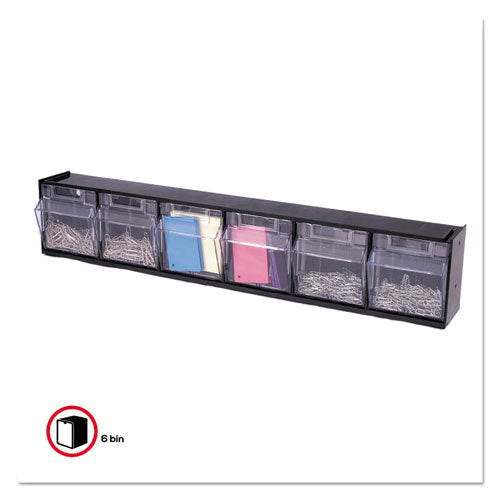 Image of deflecto® Tilt Bin Interlocking Multi-Bin Storage Organizer, 6 Sections, 23.63" X 3.63" X 4.5", Black/clear
