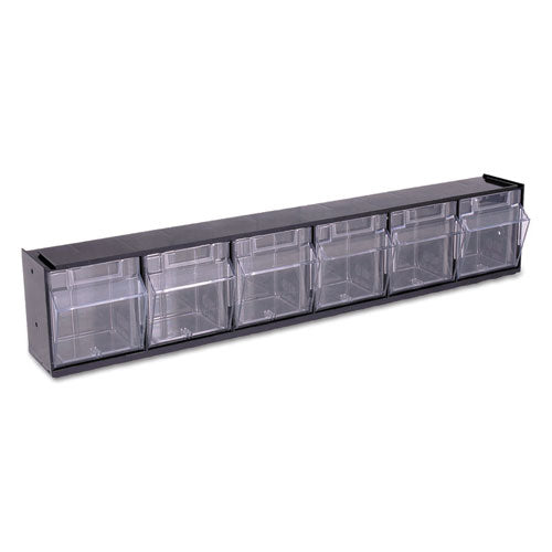 Image of deflecto® Tilt Bin Interlocking Multi-Bin Storage Organizer, 6 Sections, 23.63" X 3.63" X 4.5", Black/clear