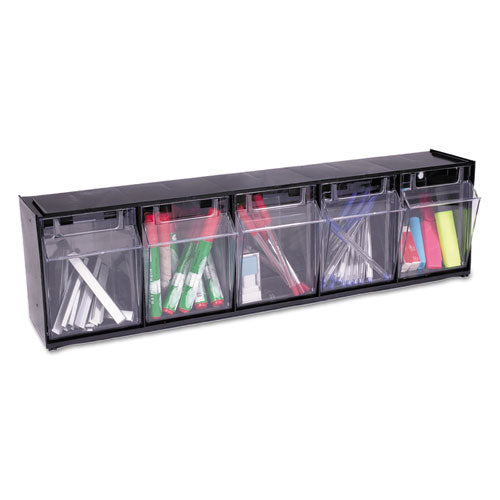 Image of deflecto® Tilt Bin Interlocking Multi-Bin Storage Organizer, 5 Sections, 23.63" X 5.25" X 6.5", Black/clear