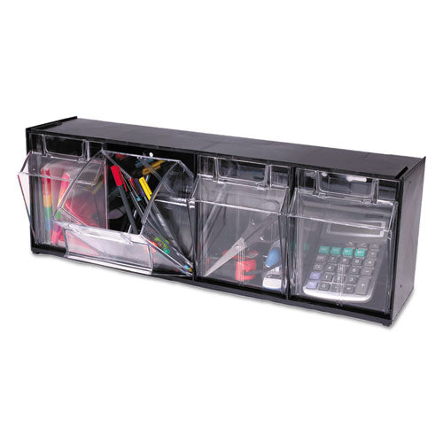 Image of deflecto® Tilt Bin Interlocking Multi-Bin Storage Organizer, 4 Sections, 23.63" X 6.63" X 8.13", Black/clear