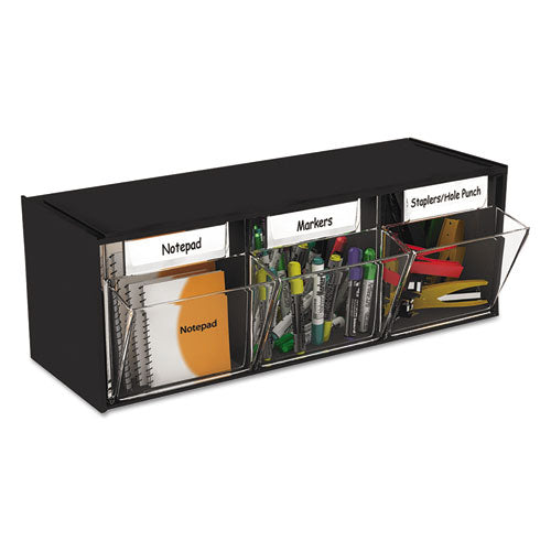 Image of deflecto® Tilt Bin Interlocking Multi-Bin Storage Organizer, 3 Sections, 23.63" X 7.75" X 9.5", Black/clear