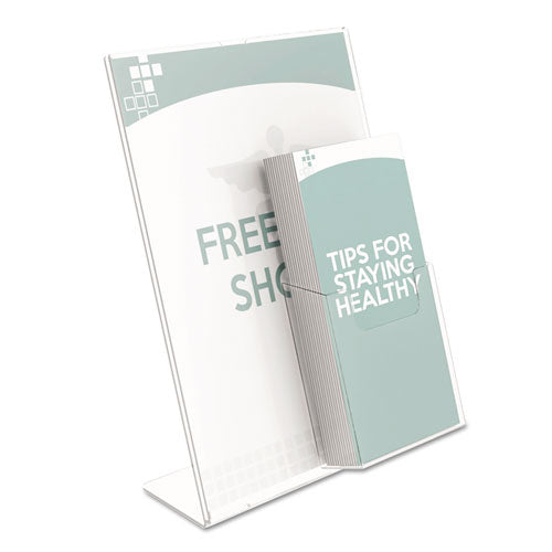 Image of deflecto® Superior Image Slanted Sign Holder with Front Pocket, 9w x 4.5d x 10.75h, Clear