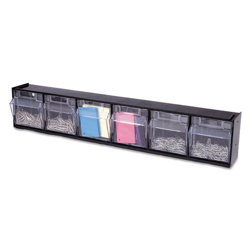 Image of deflecto® Tilt Bin Interlocking Multi-Bin Storage Organizer, 6 Sections, 23.63" X 3.63" X 4.5", Black/clear