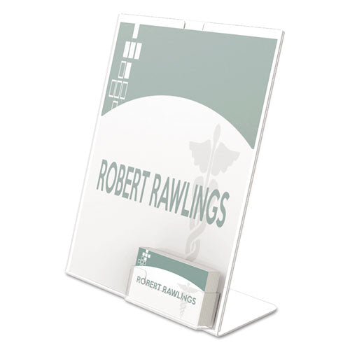 Image of deflecto® Superior Image Slanted Sign Holder with Business Card Holder, 8.5w x 4.5d x 11h, Clear