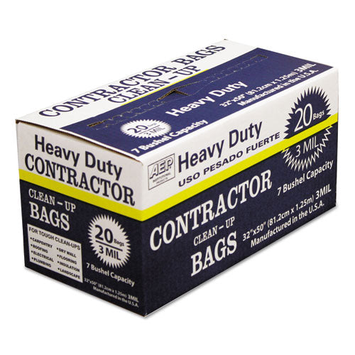 Image of AEP® Industries Inc. Heavy-Duty Contractor Clean-Up Bags, 60 Gal, 3 Mil, 32" X 50", Black, 20/carton