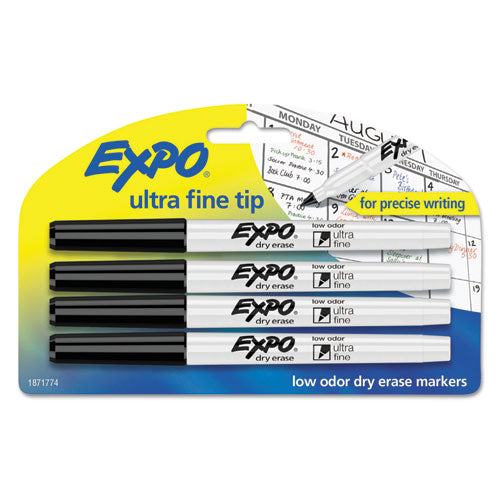 Image of EXPO® Low-Odor Dry-Erase Marker, Extra-Fine Bullet Tip, Black, 4/Pack