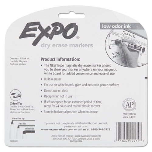 Image of EXPO® Magnetic Dry Erase Marker, Broad Chisel Tip, Black, 4/pack