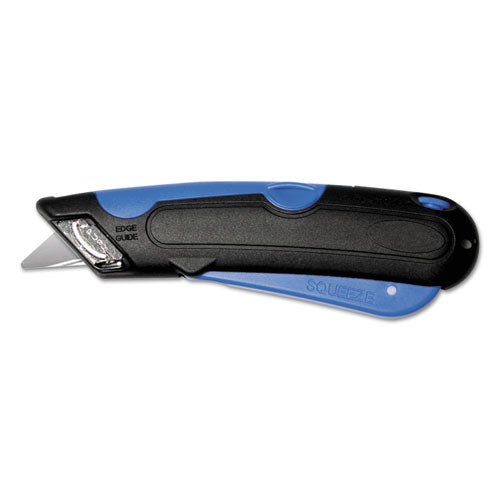 Image of COSCO Easycut Self-Retracting Cutter with Safety-Tip Blade, Holster and Lanyard, 6" Plastic Handle, Black/Blue