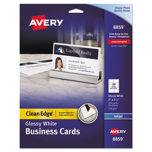Image of Avery® True Print Clean Edge Business Cards, Inkjet, 2 X 3.5, Glossy White, 200 Cards, 10 Cards Sheet, 20 Sheets/pack
