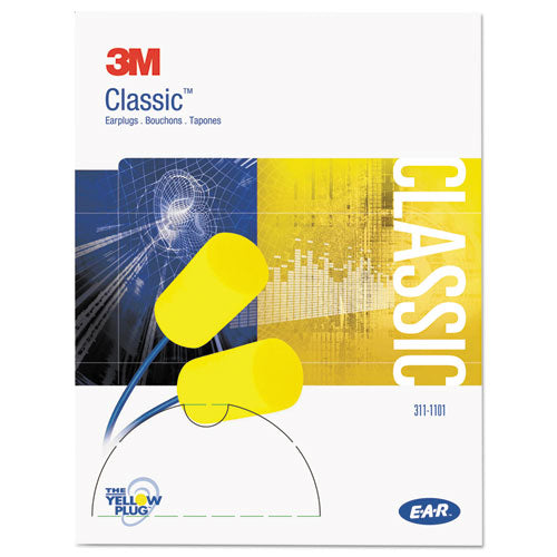 Image of 3M E-A-R Classic Earplugs, Corded, PVC Foam, Yellow, 200 Pairs/Box