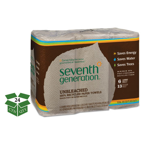 Image of Seventh Generation® Natural Unbleached 100% Recycled Paper Kitchen Towel Rolls, 2-Ply, 11 x 9, 120/Roll, 6 Rolls/Pack