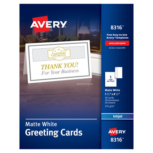 Image of Avery® Half-Fold Greeting Cards with Matching Envelopes, Inkjet, 85 lb, 5.5 x 8.5, Matte White, 1 Card/Sheet, 30 Sheets/Box