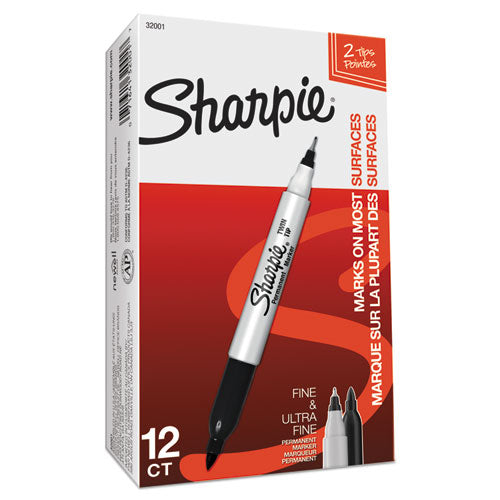 Image of Sharpie® Twin-Tip Permanent Marker, Extra-Fine/fine Bullet Tips, Black, Dozen