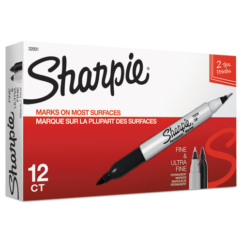 Image of Sharpie® Twin-Tip Permanent Marker, Extra-Fine/fine Bullet Tips, Black, Dozen