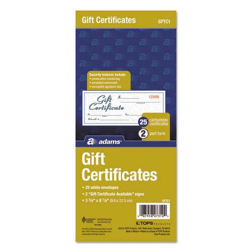 Image of Adams® Gift Certificates With Envelopes, 8 X 3.4, White/canary, 25/book